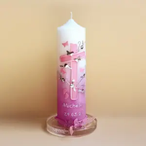 handgefertigte Geburtskerze weiss rosa